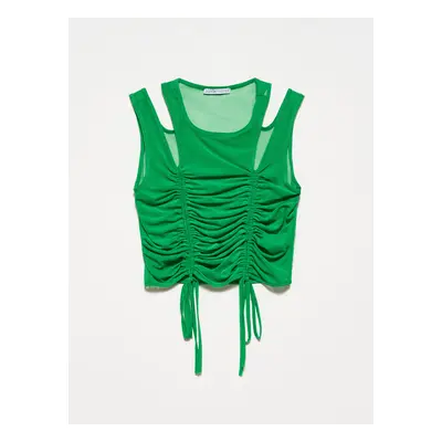 Dilvin Shirred Tulle Top-green