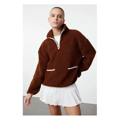 Trendyol Brown Color Blocked Plush Oversize/Wide Fit Zipper Collar Knitted Sweatshirt