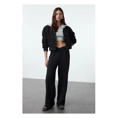 Trendyol Black Faded Effect Thick Wide Leg Knitted Sweatpants with Waist Detail