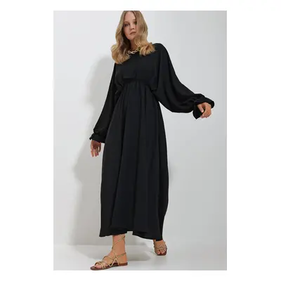 Trend Alaçatı Stili Women's Black Crew Neck Balloon Sleeve Aerobin Fabric Maxi Length Dress