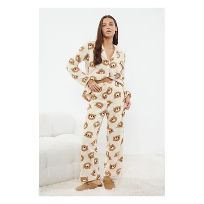 Trendyol Ecru Teddy Bear Wellsoft Winter Knitted Pajama Set