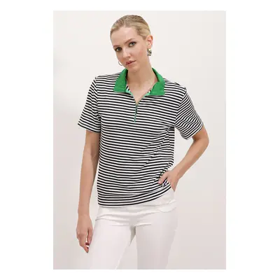 Bigdart Women's Green Polo Collar Zippered Striped T-Shirt