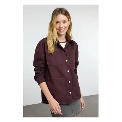 Trendyol Burgundy Suede Contrast Collar Denim Shirt Jacket