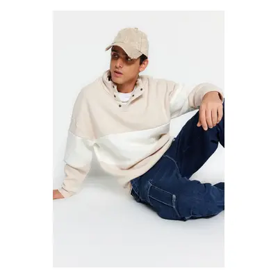 Trendyol Beige Oversize/Wide Cut Snap Fastener Stand Collar Color Blocked Fleece Cotton Sweatshi