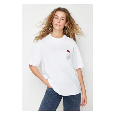 Trendyol White 100% Cotton Embroidered Oversize/Wide Fit Crew Neck Knitted T-Shirt