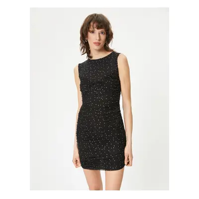 Koton Polka Dot Mini Tulle Dress Sleeveless Draped Lined