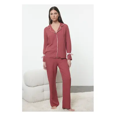 Trendyol Dark Dusty Rose Tie/Ribbon/Bow Detailed Viscose Woven Pajama Set