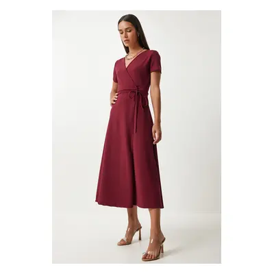 Happiness İstanbul Women's Burgundy V-Neck Wrap Midi Knitted Dress