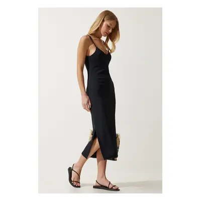 Happiness İstanbul Women's Black Strappy Slit Ribbed Knitted Dress