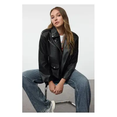 Trendyol Black Regular Faux Leather Biker Jacket Coat