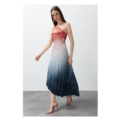 Trendyol Multicolored Asymmetrical Pleat Detailed Knitted Satin Elegant Evening Dress