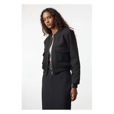 Trendyol Black Regular Pattern Knitted Cashmere Bomber Jacket Coat