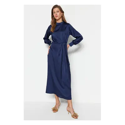 Trendyol Navy Blue Waist Gathered Satin Evening Dress