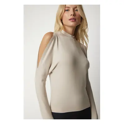 Happiness İstanbul Women's Beige High Neck Decollete Knitwear Blouse