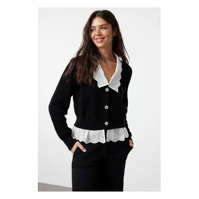 Trendyol Black Crop Woven Garni Detailed V Neck Knitwear Cardigan