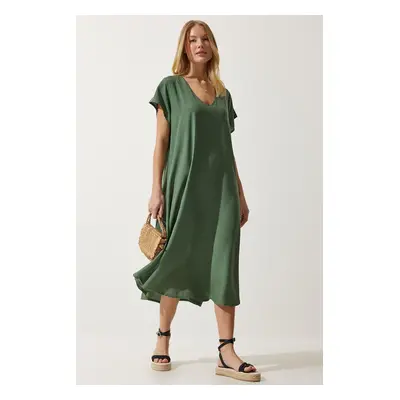 Happiness İstanbul Women's Khaki V-Neck Summer Flowy Viscose Dress