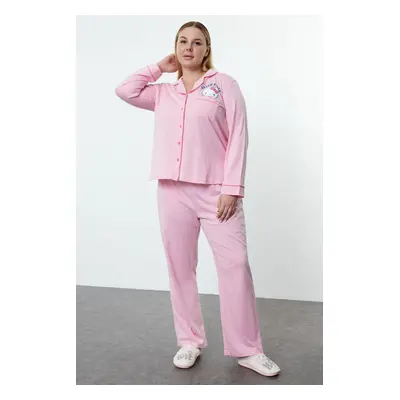 Trendyol Curve Pink Hello Kitty Licensed Shirt Collar Knitted Pajama Set