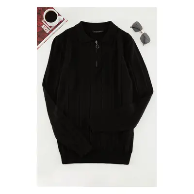 Trendyol Black Slim Fit Cotton Zippered Polo Neck Knitwear Sweater