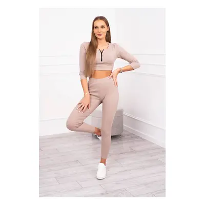 Žebrovaný crop top set tmavě béžový