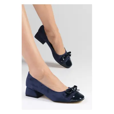 Mio Gusto Cassidy Dark Blue Women's Short Heeled Shoes with Bowknot and Accessories.