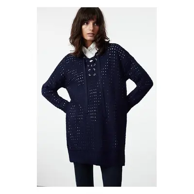 Trendyol Navy Blue Eyelet Accessory Openwork/Hole Knitwear Sweater