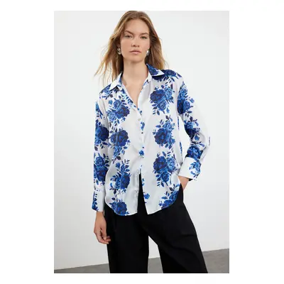 Trendyol Navy Blue Woven Satin Rose Patterned Oversize Wide Fit Shirt