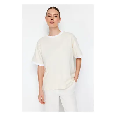 Trendyol Stone 100% Cotton Contrast Collar and Stripe Detail Oversize/Casual Fit Knitted T-Shirt