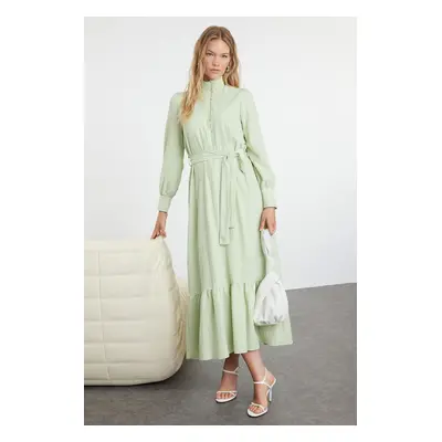 Trendyol Mint Linen Look Frilled Belted Woven Dress