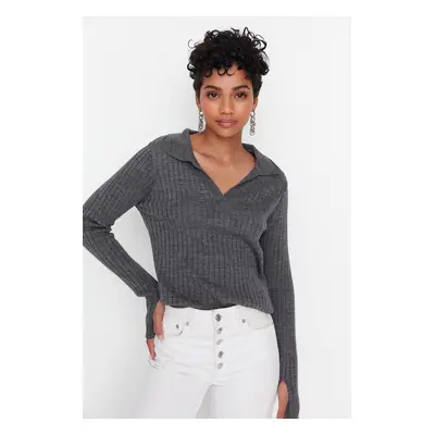 Trendyol Anthracite Couple Sleeve Detailed Polo Neck Knitwear Sweater