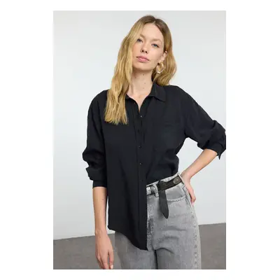 Trendyol Black Single Pocket Boyfriend/Wide Pattern Care Collection Woven Shirt