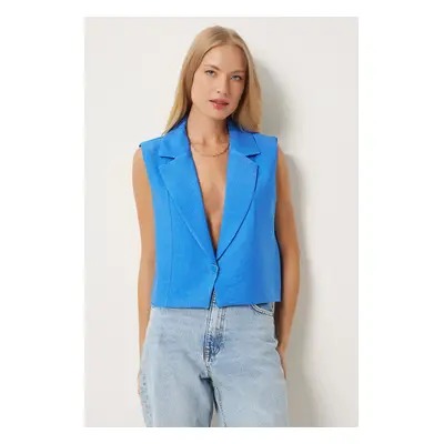 Happiness İstanbul Women's Blue Buttoned Linen Vest