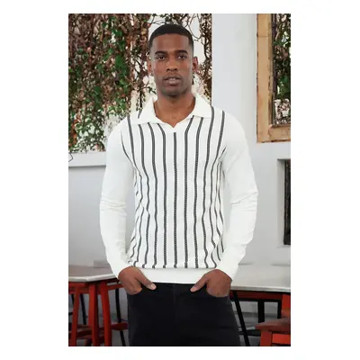 Trendyol Ecru Casual Slim Slim Fit Crew Neck Striped Knitwear Sweater