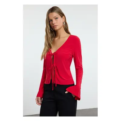 Trendyol Red Body-Sit Regular/Normal Pattern Elastic Knitted Blouse with Tie Detail