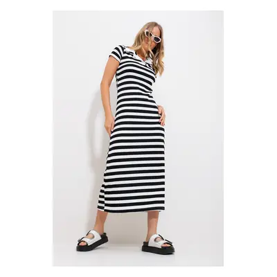 Trend Alaçatı Stili Women's Black Polo Neck Striped Maxi Length Dress