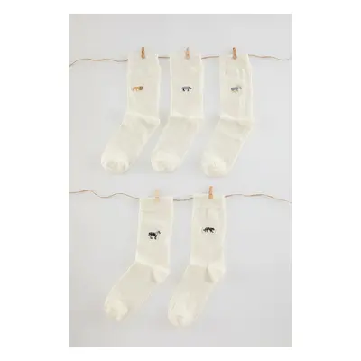 Trendyol Ecru Unisex 5-Pack Animal Embroidered Cotton Socks-Long Length Socks