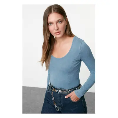 Trendyol Indigo Antique/Faded Effect Cotton Long Sleeve Stretchy Snap Fastener Knitted Bodysuit