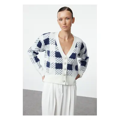 Trendyol Ecru Soft Texture Plaid/Checked Knitwear Cardigan