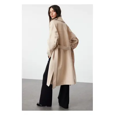 Trendyol Ecru Button Detailed Soft Textured Slit Oversize Coat