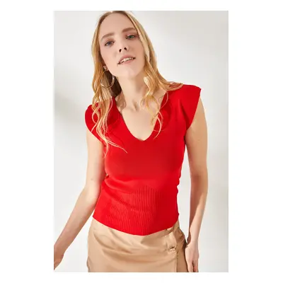 Olalook Women's Red Shoulder And Skirt Detailed Front Back V Knitwear Blouse