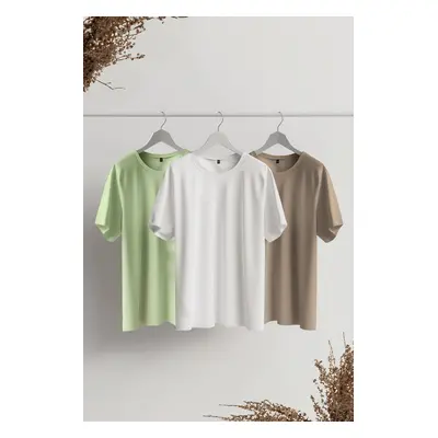 Trendyol Mink-Light Green-White Slim/Slim Cut Crew Neck 100% Cotton 3-Pack T-Shirt