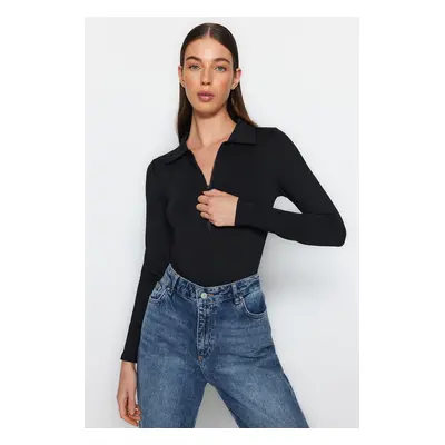 Trendyol Black Zipper Collar Detailed Snap Snap Elastic Knitted Bodysuit