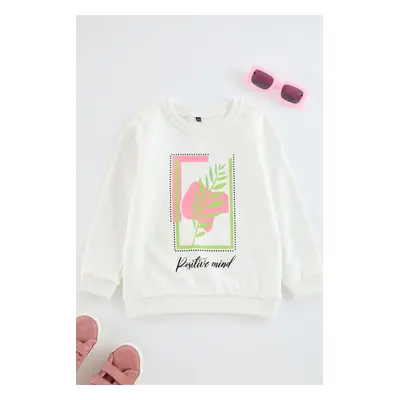 Trendyol Ecru Girl Printed Crew Neck Cotton Knitted Sweatshirt