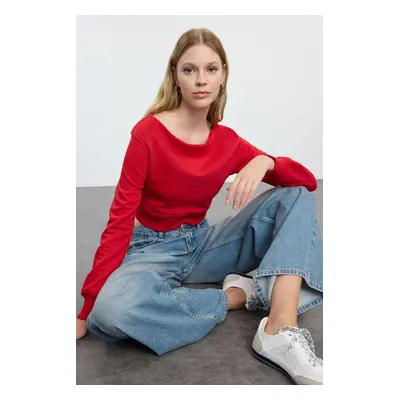 Trendyol Red Boat Neck Crop Regular/Normal Fit Knitted Sweatshirt