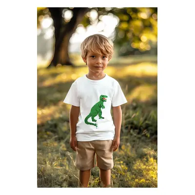 Trendyol White Boy's Dinosaur Sequined Short Sleeve Cotton Knit T-Shirt