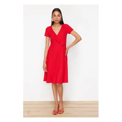 Trendyol Red Ruffled Double Breasted Closed Skater/Waist Opened Flexible Midi Knitted Dress