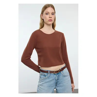 Trendyol Brown Low Shoulder Crew Neck Crop Thessaloniki/Knitwear Look Knitted Blouse