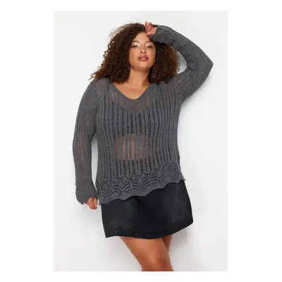 Trendyol Curve Anthracite V-Neck Openwork Thin Knitwear Sweater