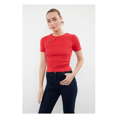 Trendyol Red Button Detailed Ribbed Fitted/Closing Stretchy Knitted Blouse