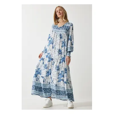 Happiness İstanbul Women's Sky Blue Patterned Oversize Long Viscose Dress