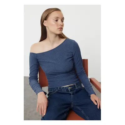 Trendyol Indigo Textured Asymmetric Gathered Boat Neck Fitted Knitted Blouse